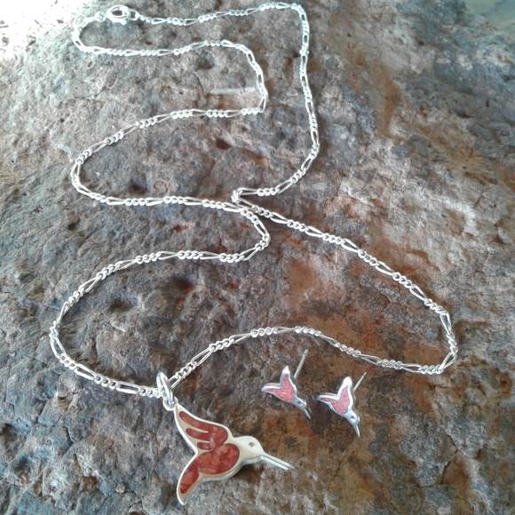 Sterling Silver Vintage Red Coral Hummingbird necklace SET - Picture 9 of 9